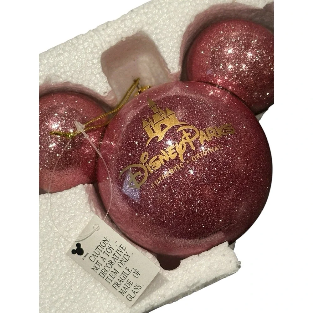 RARE‎ Disney Parks Mickey Icon Ears Glittery Glitter Glass Ball Pink Ornament